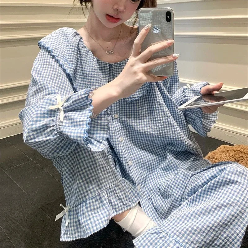 

Fog Blue Korean Inspired Pajama Set Large Lapel Embroidered Lace Sweet Small Checkered Design Comfortable Loungewear One Size