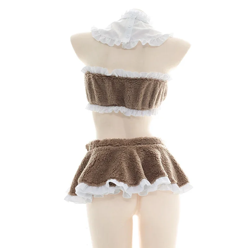 ชุดนอนน่ารักแบบมีหูแมวสำหรับสาวๆ ชุดคอสเพลย์อนิเมะ ผ้าฟลีซ เสื้อครอปแขนกุดแบบไม่มีสาย กระโปรงสั้น