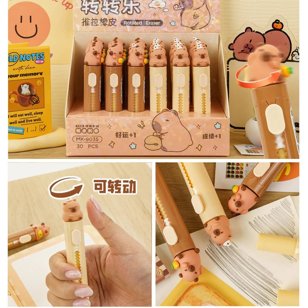 30Pcs/Lot Rotation Capybara Press On Erasers Cartoon Retractable Rubber Pencil Erasers For Kids Students Writing Drawing Tool