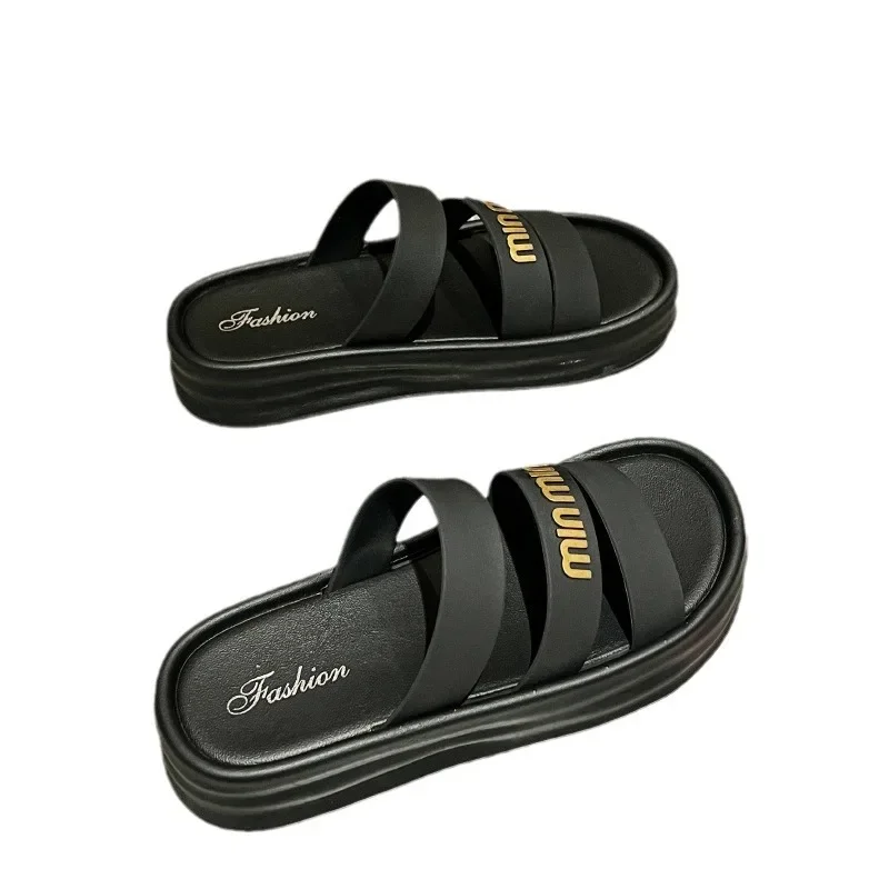 Summer Simple and Thick Bottomed Open-toe Beach Slippers for Women New Round Toe Sandals Versatile Anti-skid Slides Shoes