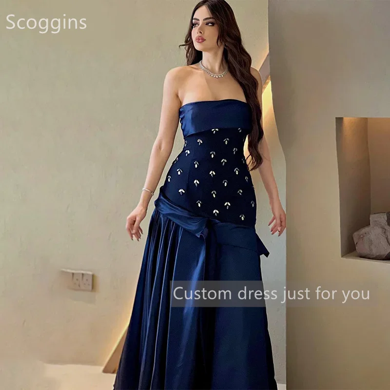 Scoggins فساتين سهرة Customize Evening Dress A-Line Strapless Beadings Floor-Length Zipper Up Sleeveless Wedding Dress Cocktail