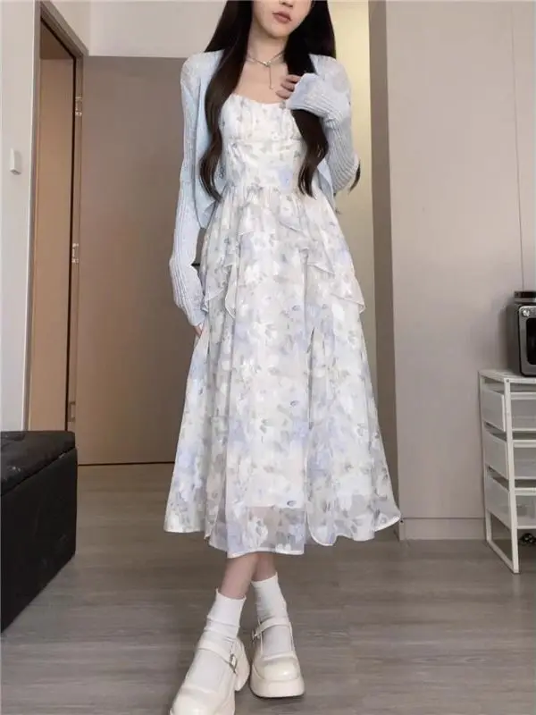 Elegant Blue Floral Print Strapless Long Dress with Lace Hemline Women's High-End Tea Break Outfit Two-Piece Set Fashionable