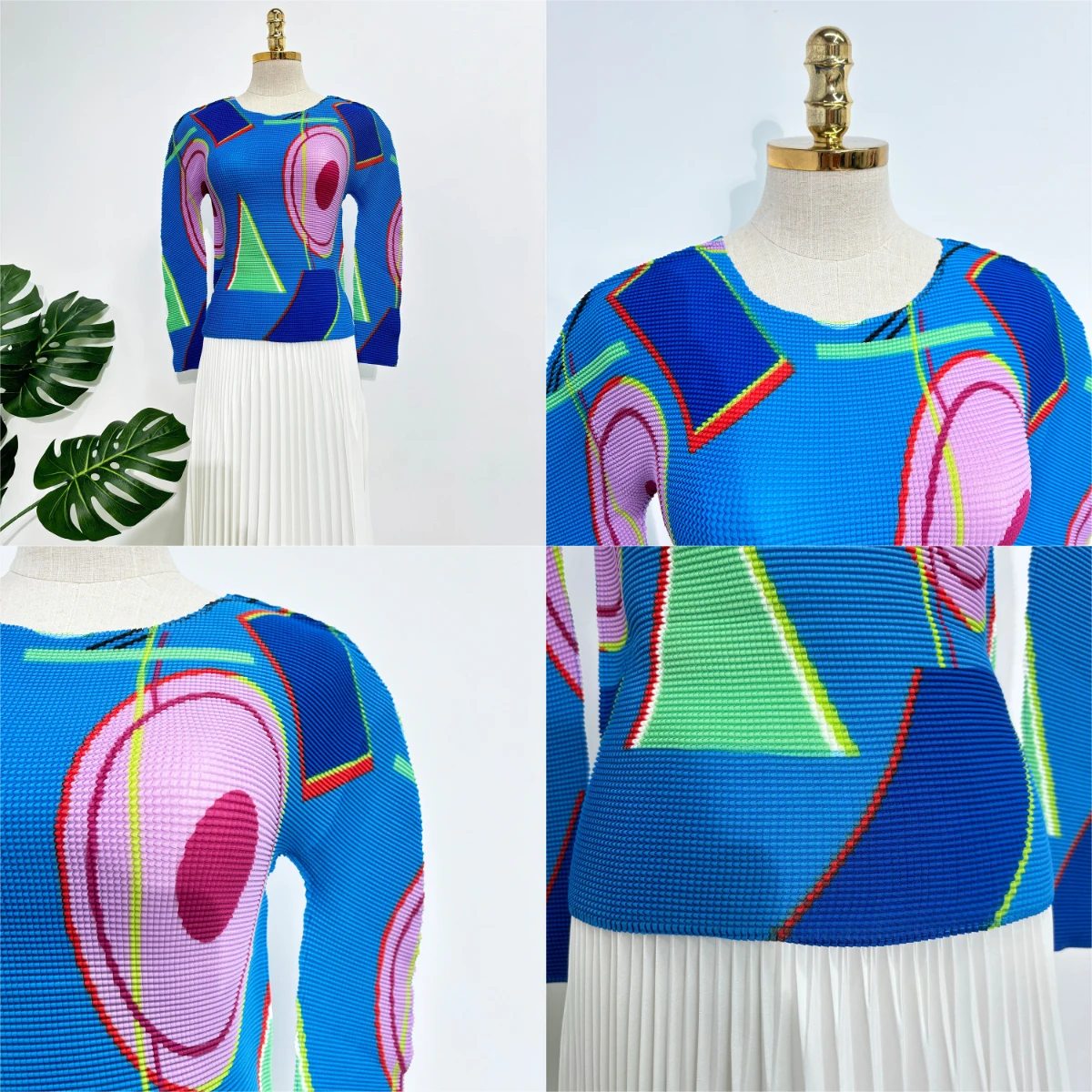 

Miyake Pleated 2025 Autumn and Winter New Round Neck Pleated Top Fashion Sense of Wear Colourful Printing Trend T-shirt Women