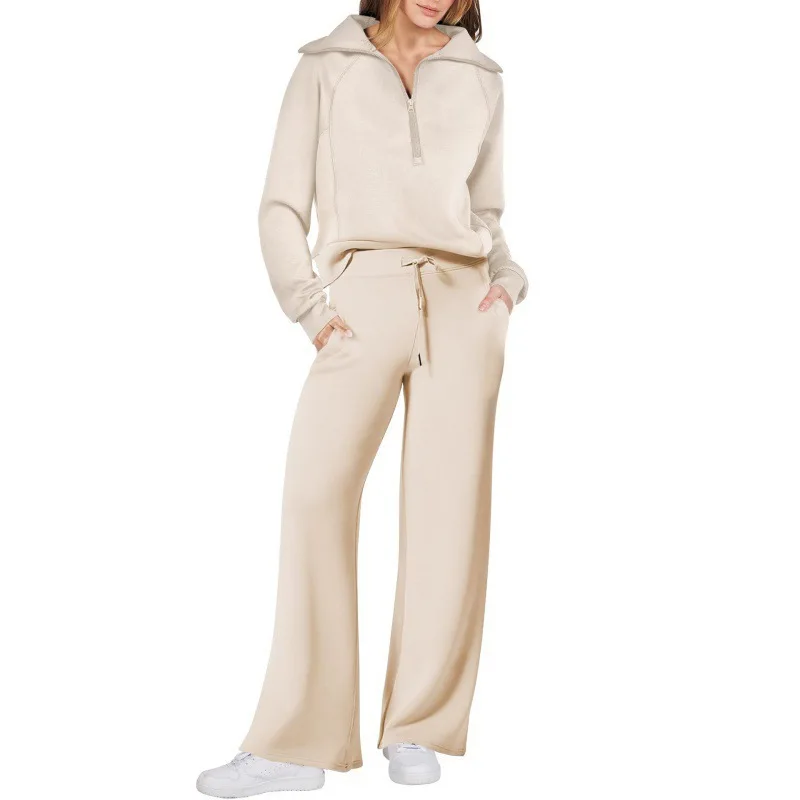 Autumn and Winter Fashion Casual Sports Suit Zipper Long-sleeved Sweater Wide-leg Pants Two-piece Sets for Women