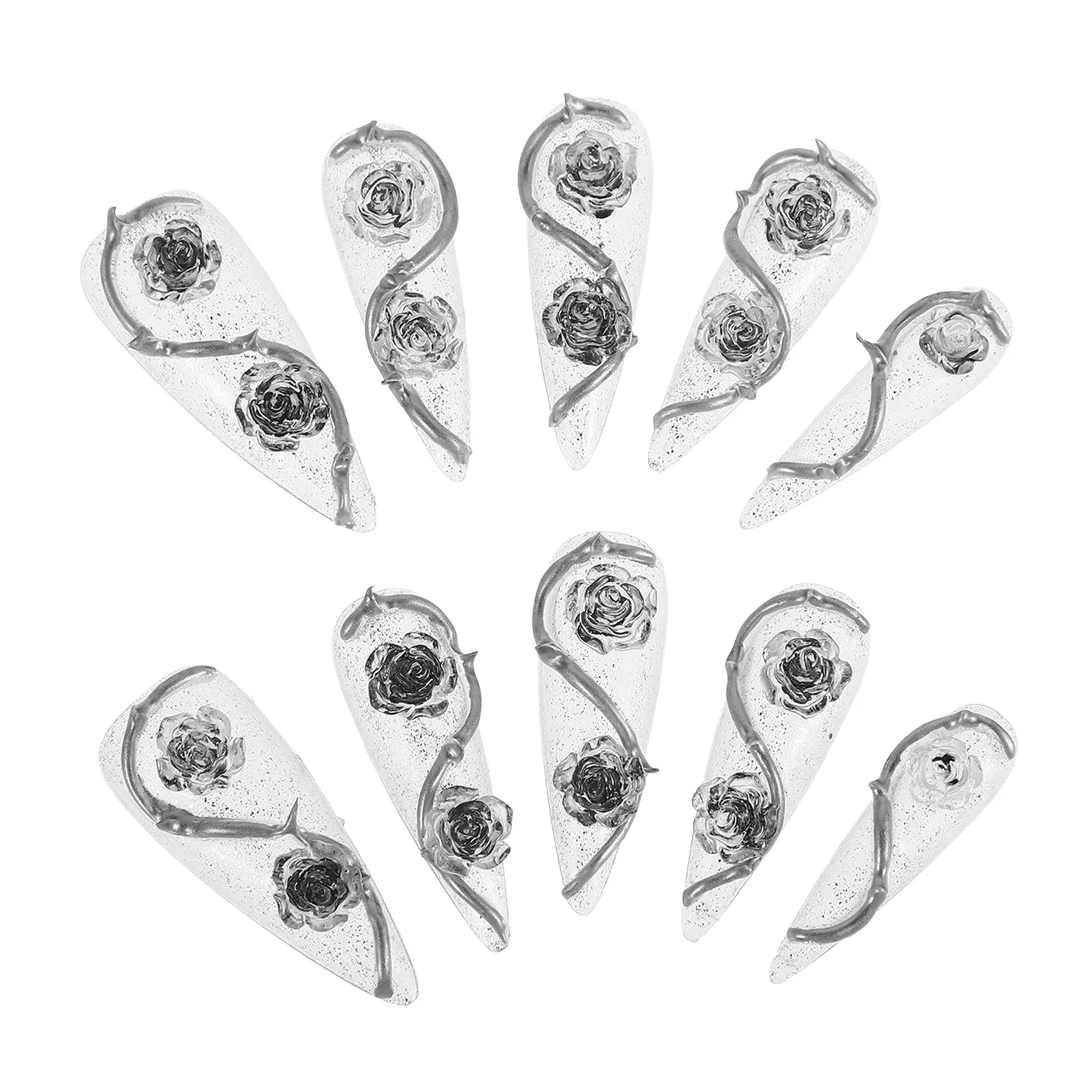 

10pcs Rose Flower Press On Nails Clear Water Thorny Metal Charm Reusable Diy Manicure Full Cover Fake Stick On