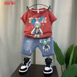 Boys Summer Short Sleeved Set 2026 New Baby Fashion Cotton Printed Cartoon Letter T-shirt + Denim Shorts Outfits Kids Clothing