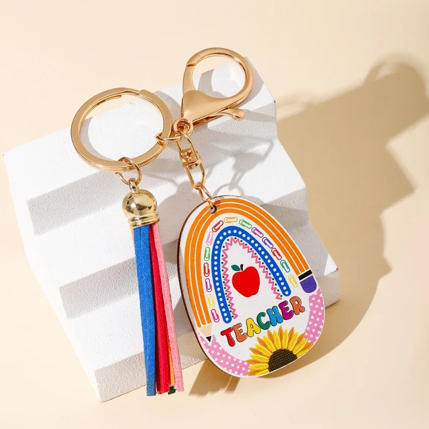 Best Selling Rainbow Wooden Plaque Tassels Keychain Creative Love Teacher Day Great Gift Exquisite Souvenir Key Chain Pendant
