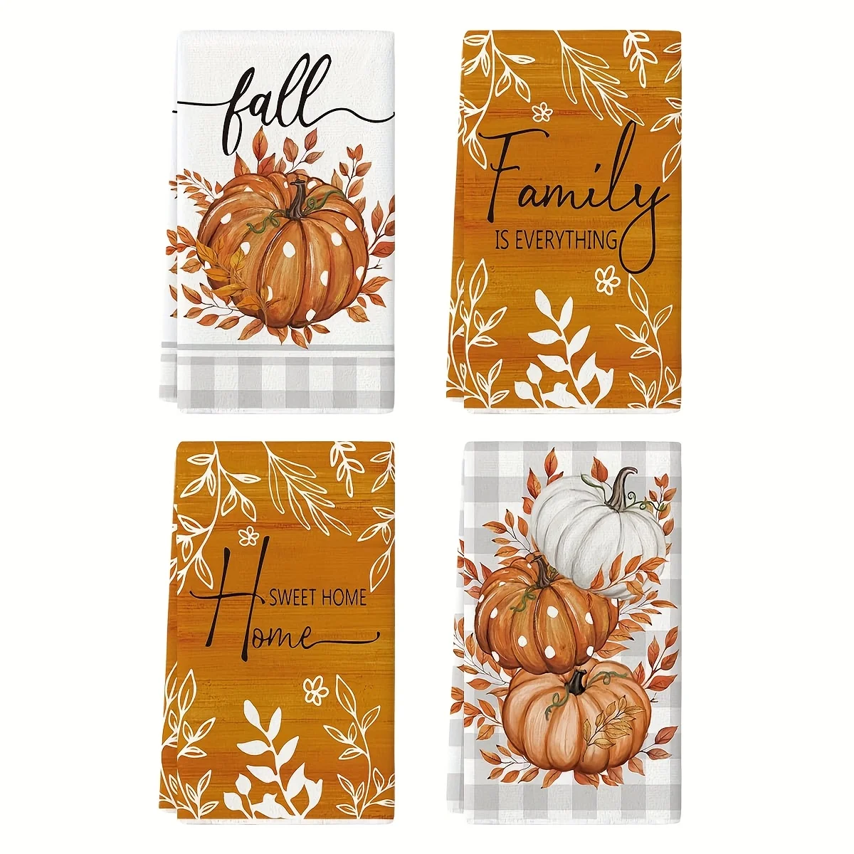 4 Orange Plaid Polka Dot Pumpkin Autumn Kitchen Towels, Farmhouse Eucalyptus Leaf Decorative Hand Towel Set