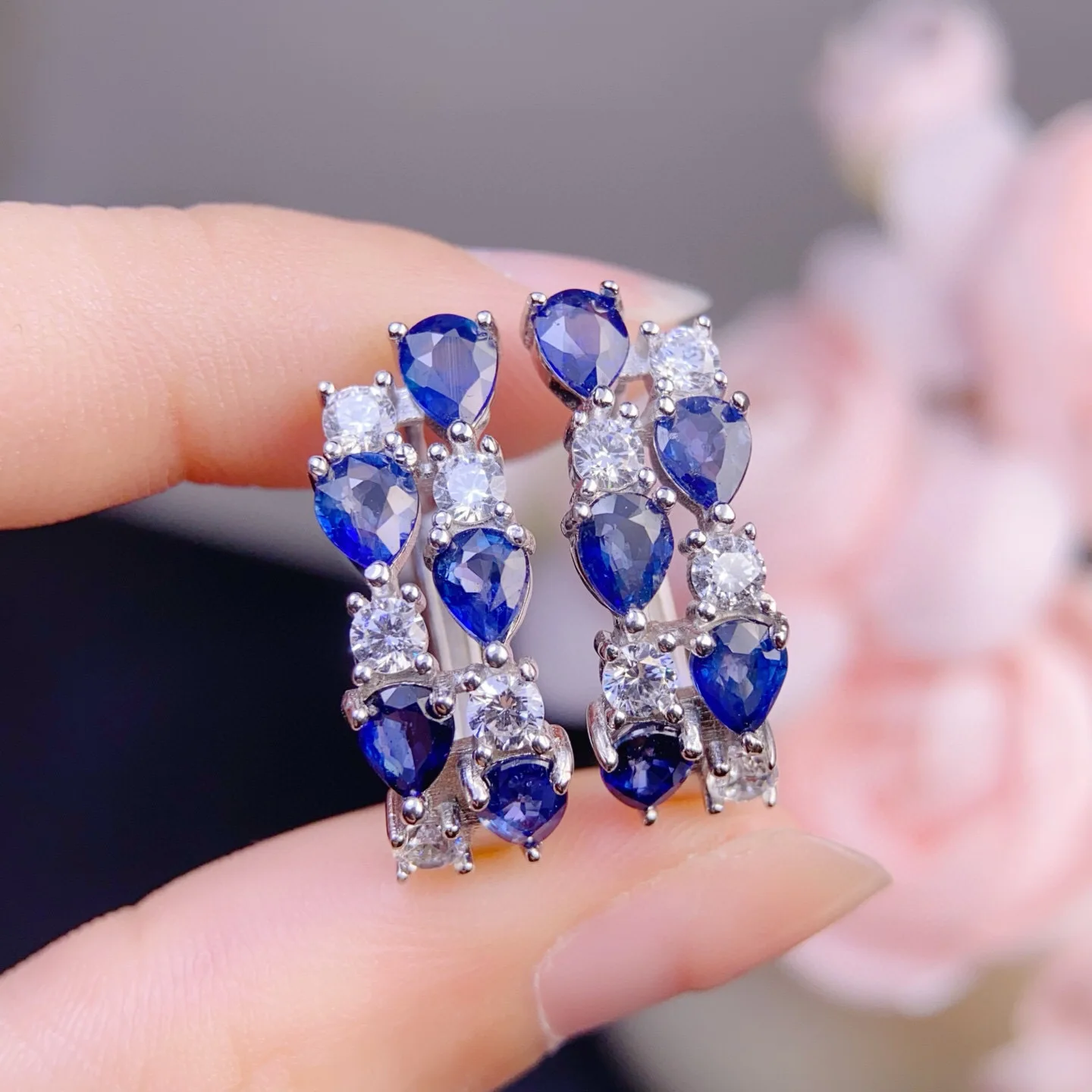 S925 Silver Precision Gold Plated Natural Sapphire Ear Cuffs, 4x5mm Gemstone with Certification view 2