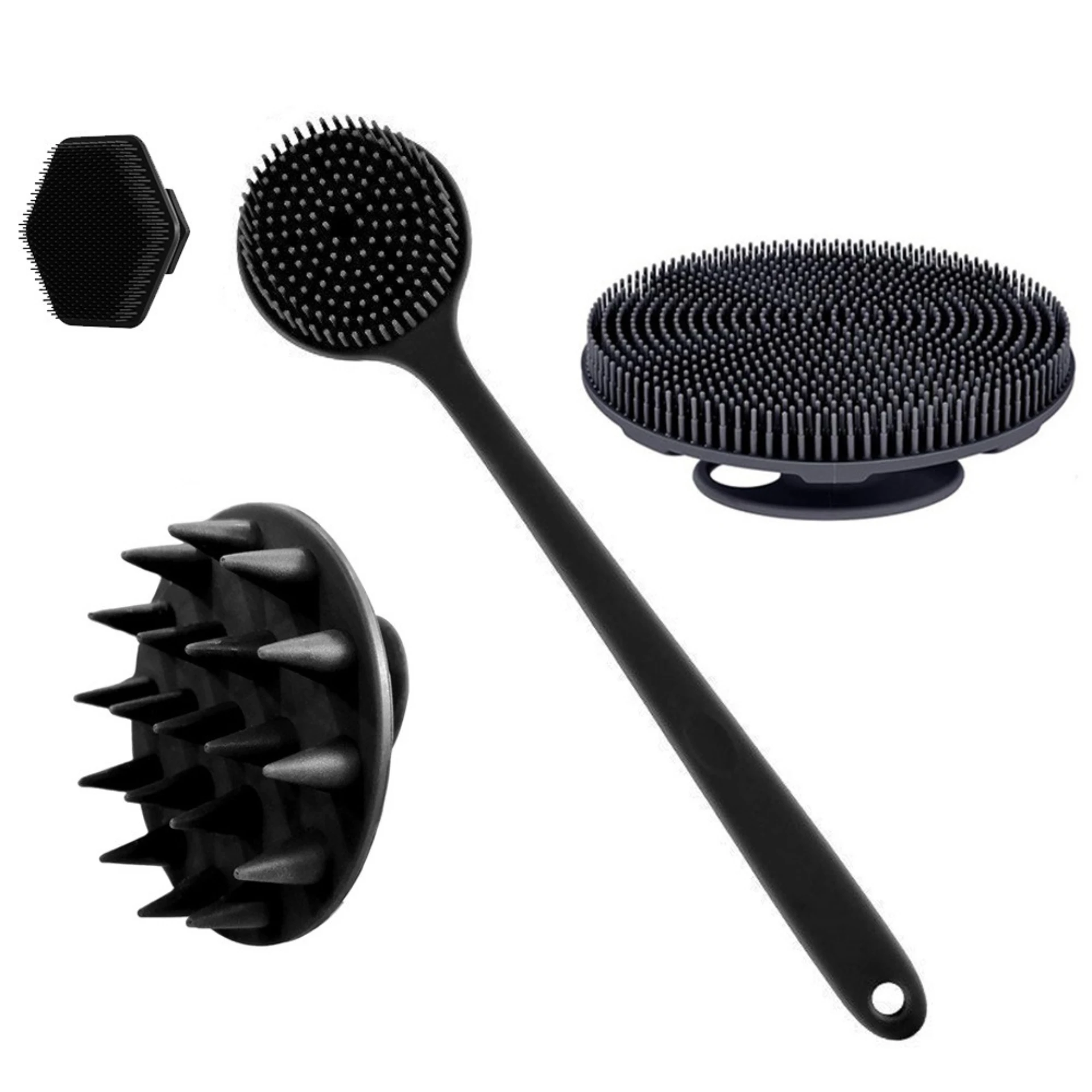 

Face washing hair washing bathing four-piece set bath brush silicone facial cleanser rubbing bath integrated long handle massage