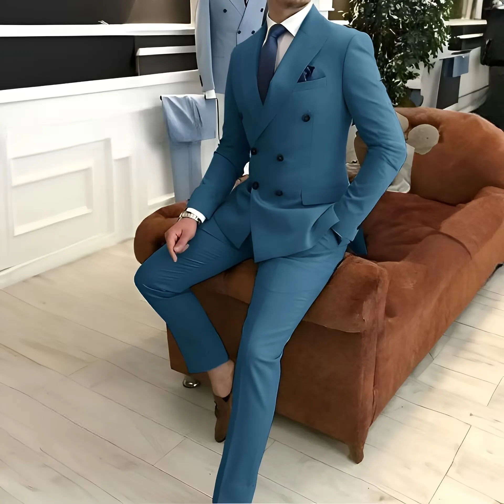 

Light Blue Men's Suit 2 Piece Double Breasted Jacket Pants Formal Wedding Groom Tuxedo Peak Lapel Blazer Customized Men's Suit