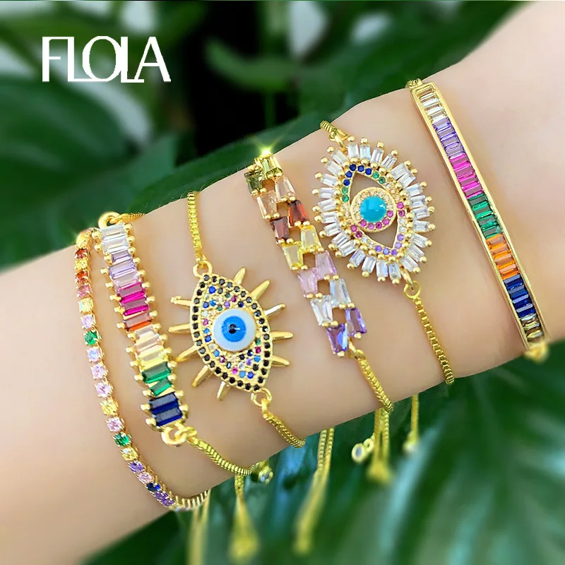 FLOLA Gold Plated Evil Eye Bracelet Women CZ Rainbow Turkish Blue Eye Bracelet Girls Tennis Evil Eye Jewelry ojo turco brtb54