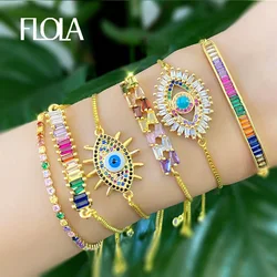 FLOLA Gold Plated Evil Eye Bracelet Women CZ Rainbow Turkish Blue Eye Bracelet Girls Tennis Evil Eye Jewelry ojo turco brtb54