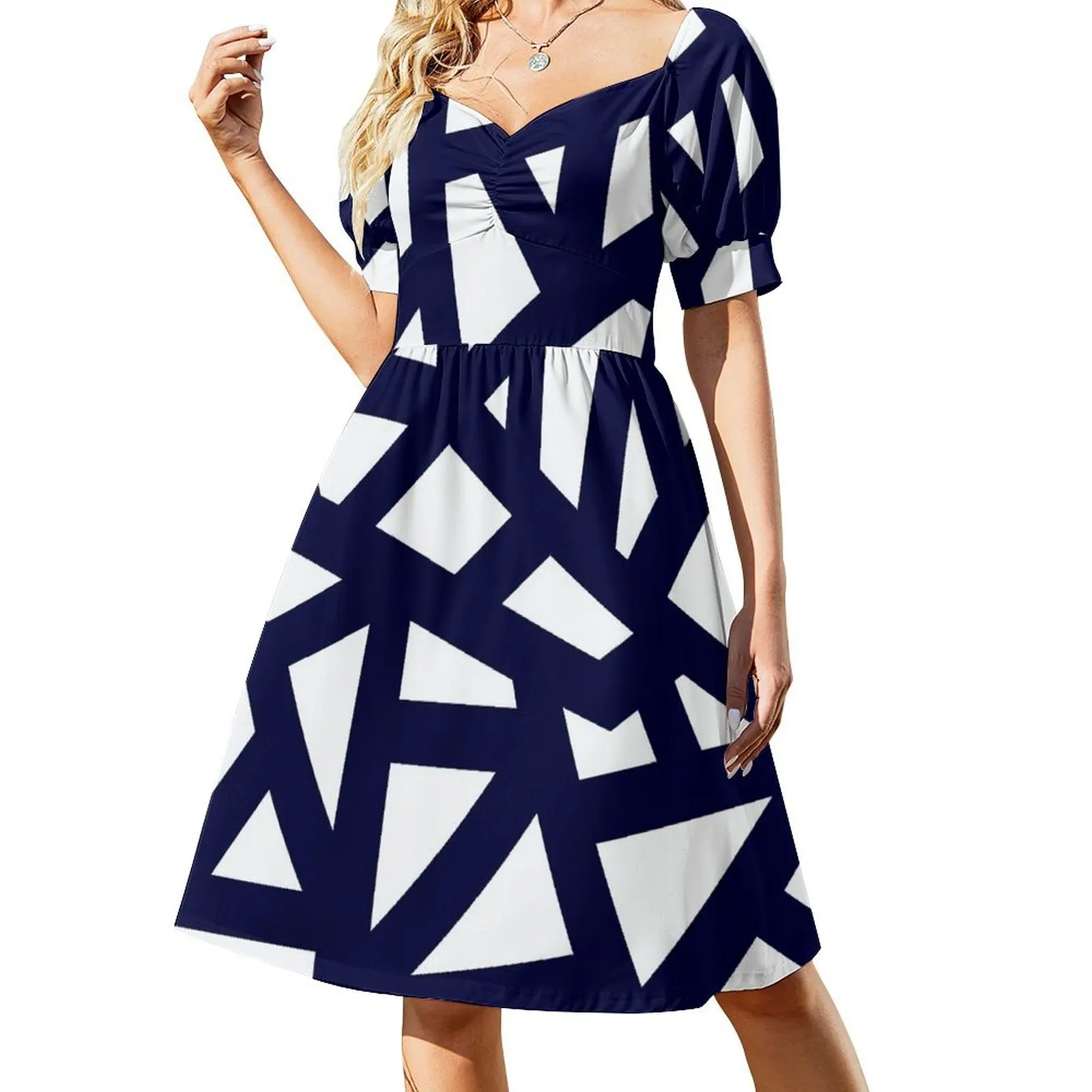 

Navy Blue Thick Mosaic Lines On White Short-Sleeved Dress evening dress woman dresses summer Long dress woman