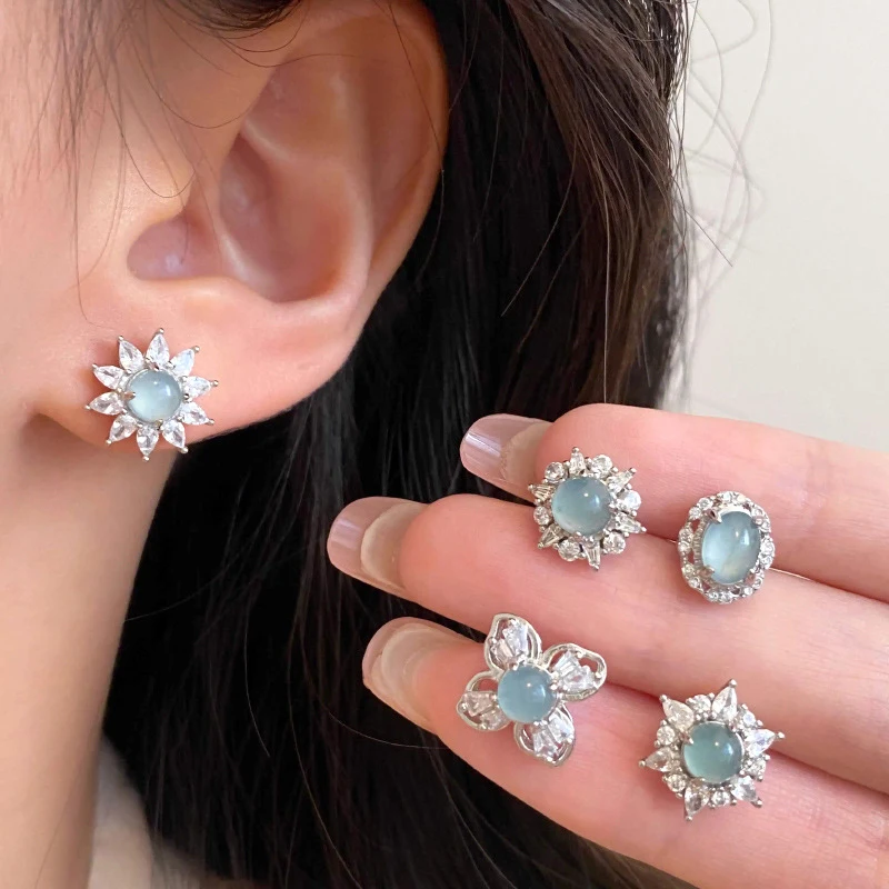 

New Chinese Style Earrings Jade Blue Green Tone Sparkling Diamond Cz Studs Female Minimalist Luxe Versatile New Arrival