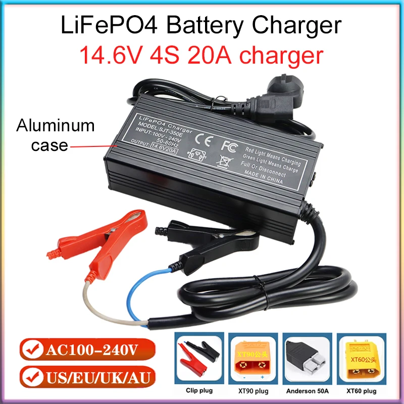 14.6V 20A LiFePO4 Battery Charger Aluminum Case AC100-240V For 4S 12V 12.8V Lithium iron Cell Fast charging XT60 +AC power cord