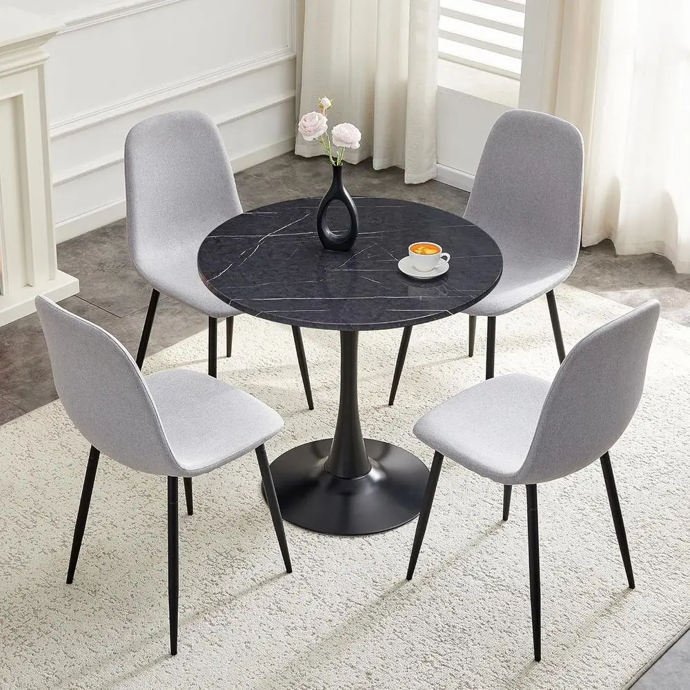 

Компактный обеденный набор на 4 персоны с круглым столом и тканевыми стульями, идеально подходит для бистро, кафе, офиса, экономит пространство, черный цвет