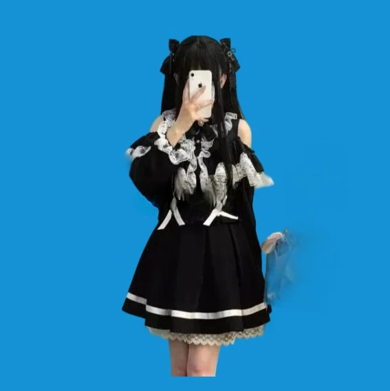 

Японский студенческий стиль, милая рубашка с открытыми плечами и длинными рукавами для девочек, осенний комплект пышной короткой юбки принцессы с высокой талией в стиле Лолиты