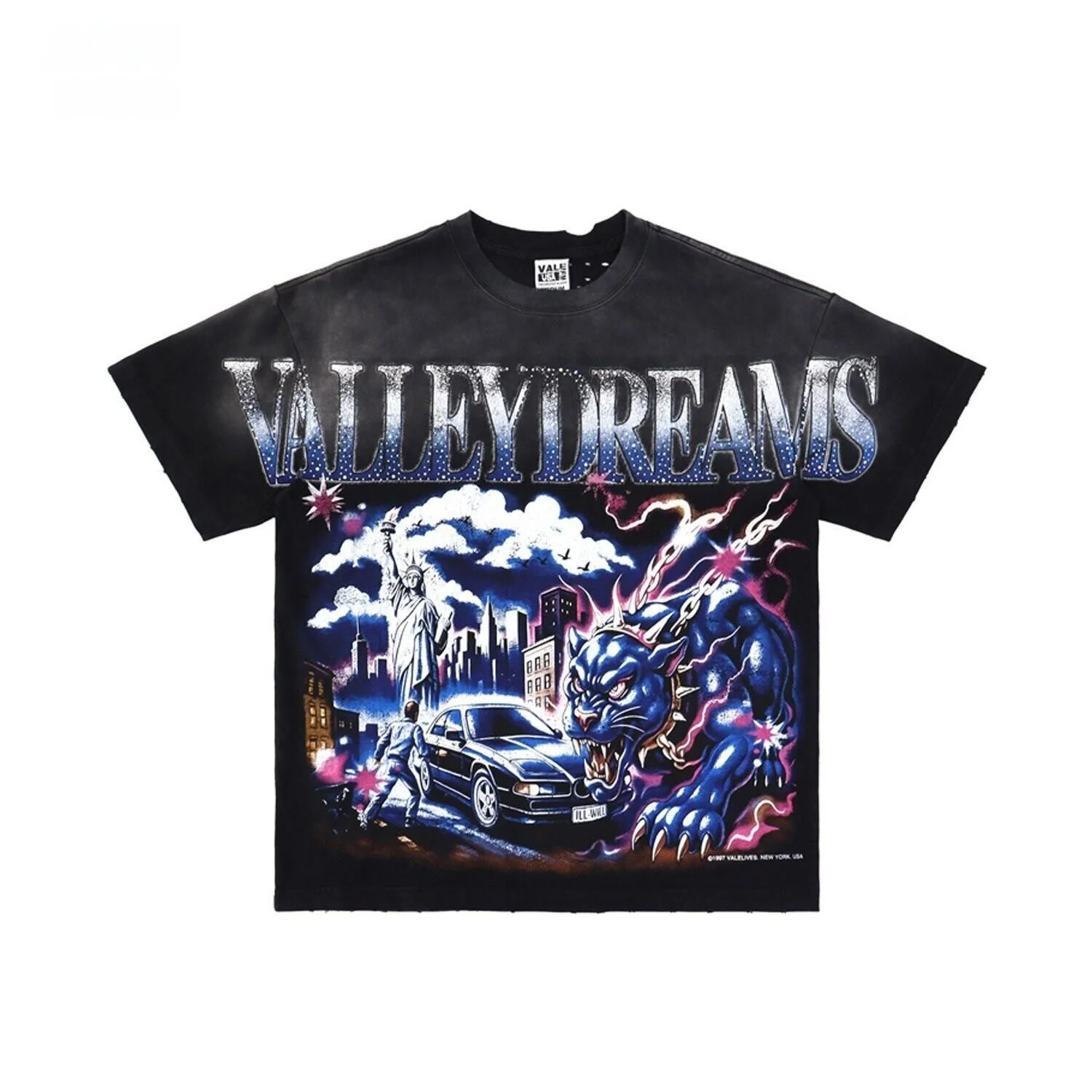 Vale Forever Unisex Loose Short Sleeve T-Shirt American Streetwear Vintage Rhinestone Letter Print Washed Ripped Tee
