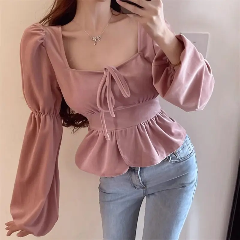 Velvet Blouses Women Crop Tops Vintage Bandage Elegant Slim Lantern Sleeve Streetwear Females All-match Pure Chic Blusas Clothes