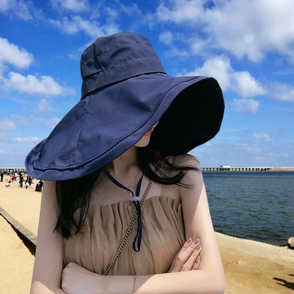 Outing Beach Hat Foldable Breathable Bucekt Hat Wide Brim Summer Fisherman Hat With Windproof Rope Anti-UV Sun Cap