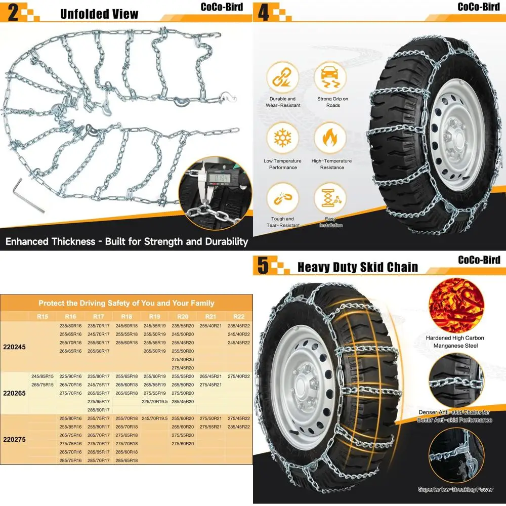 Snow Chains, Thickened and Wear-Resistant High Carbon Steel Anti Slip Tire Chain for Light Truck, Pickups, and SUVs, Set of 2 (2