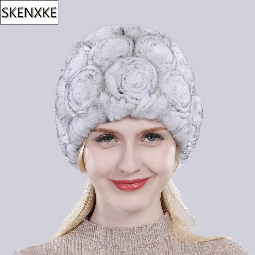 

New Arrival Flowers Real Fur Hats Winter Russian Women 100% Natural Rex Rabbit Fur Caps Lady Genuine Rex Rabbit Fur Beanies Cap