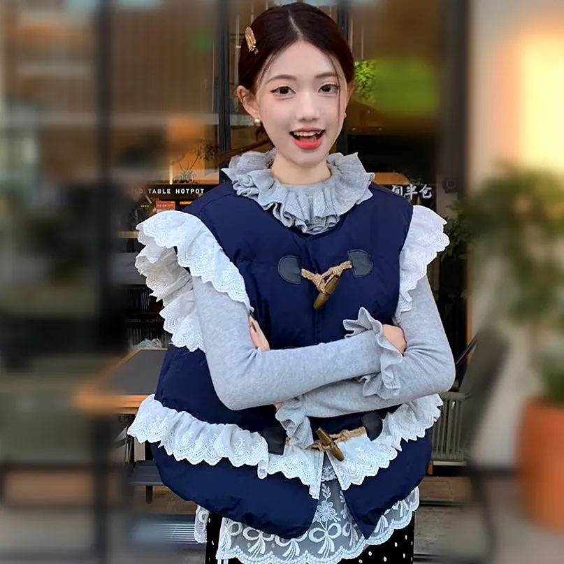 

Winter Autumn Womens Ladies Lace Embroidery Vest Coats Girls Sleeveless Party Ruffles Patchwork Spliced Preppy Coats Tops NZ289