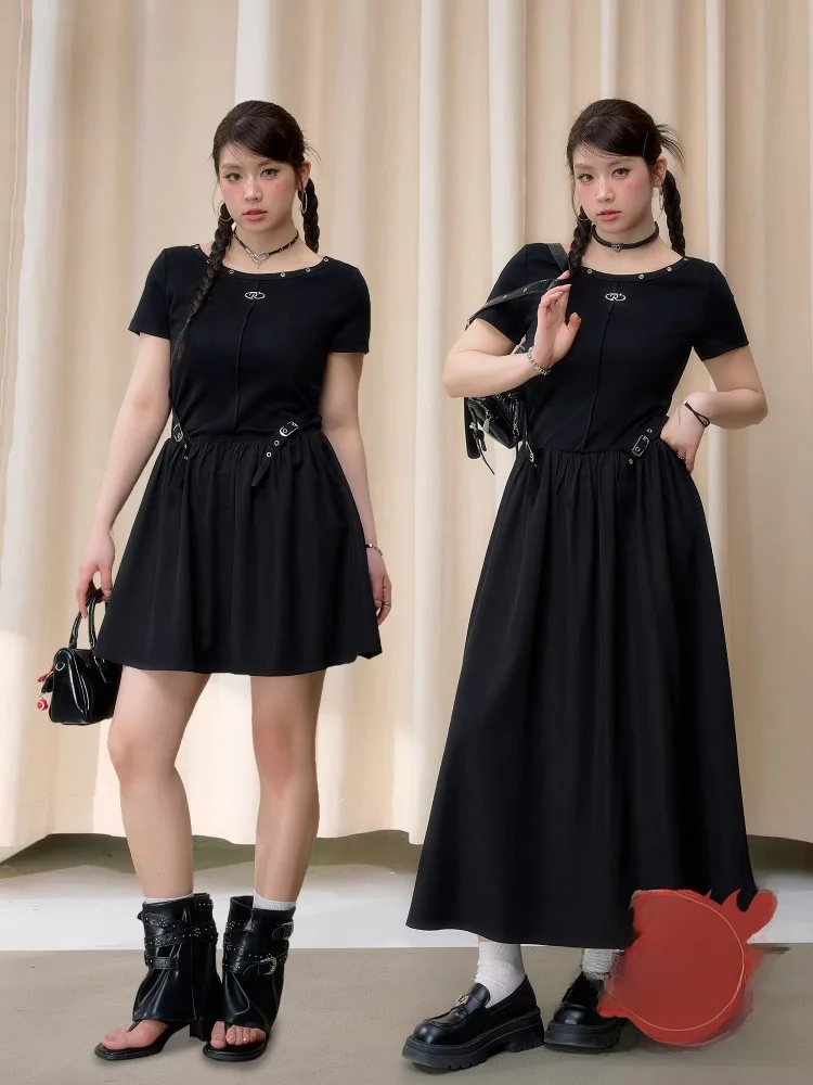 

Платье А-силуэта для похудения, больших размеров, в стиле ретро, черное, уличная мода, с завышенной талией, корейский стиль, с круглым вырезом, с высокой талией