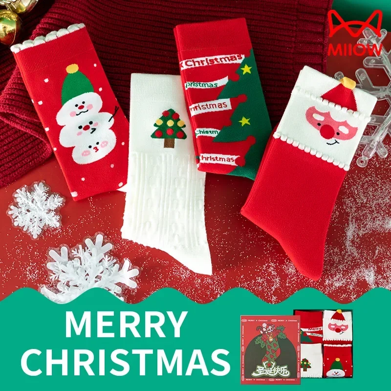 MiiOW Christmas Gift Box Cotton Socks Fashion Funny Sock Santa Claus Snowman Cute Cartoon Trendy Long Sock Couples Sock New Year