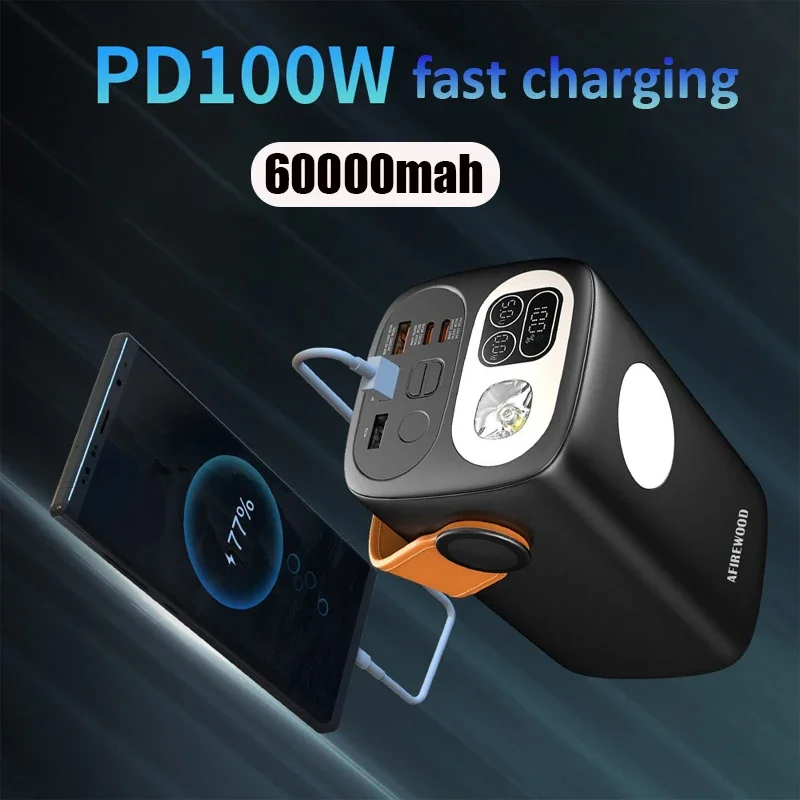 60000mAh large capacity 100W two-way fast charging portable outdoor power bank with bright flashlight emergency power bank