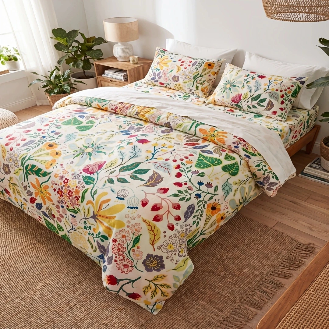 3Pcs Duvet Cover Set,100% Cotton Vibrant Botanical Print Bedding Set Duvet Cover with 2Pillowcases, Without Filler, MultiSizes