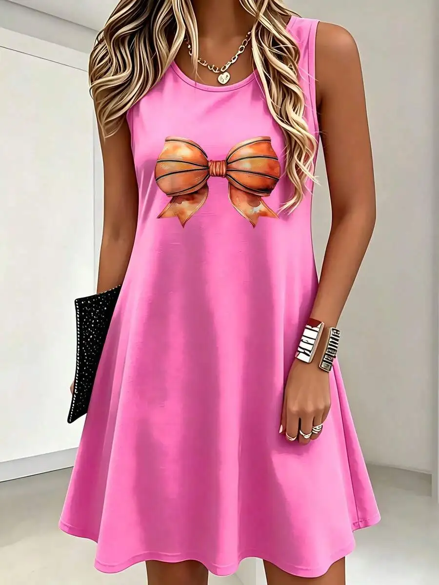 Plus Size Women's Summer Sleeveless Dress- Basketball Bow  Print, Round Neck Casual Long Dress, Machine Washable Suitable For