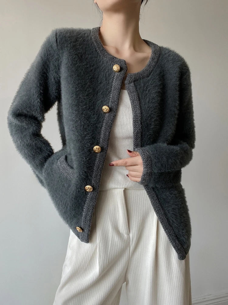 여성용 니트 밍크 스웨터 코트 가을 겨울 루즈핏 라운드넥 롱 슬리브 따뜻한 싱글 버튼 클로저 컬러