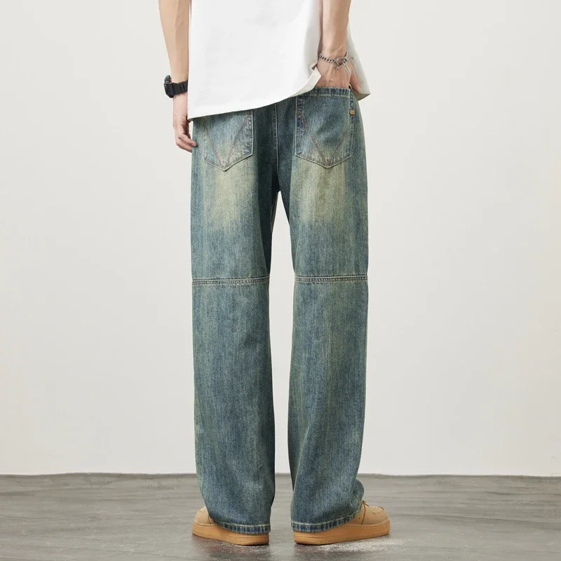 

Vintage Fashion Autumn Jeans Men's Straight Baggy Streetwear Splicing Korea Personality Casual Blue Gray Male Denim Trousers