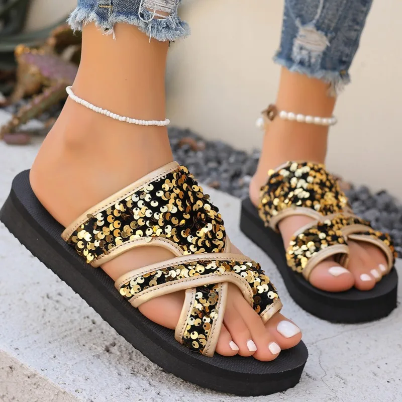 Women Slippers Summer Sequin Decoration Sexy Sandals Real Flip Flops Luxury Flat Slippers Women Fashion Comfortable Slides Women