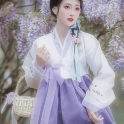 Hanbok-vestido violeta bordado para mujer, traje coreano femenino, fotografía de palacio coreano, traje de actuación de baile de viaje