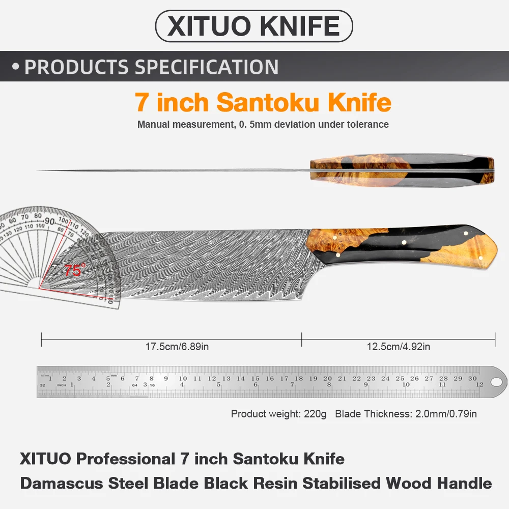 Santoku Knife 7 Inch Damascus Japanese Steel Kitchen Knife,Full Tang Best Chef Santoku knives,Resin Stabilised wood handle