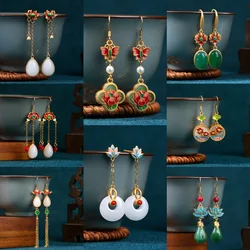Ethnic Chinese Ancient Palace Earrings for Women Retro Design Lotus Flower Shaped Painted Enamel Inlay Jade Luxury Jewelry Gifts