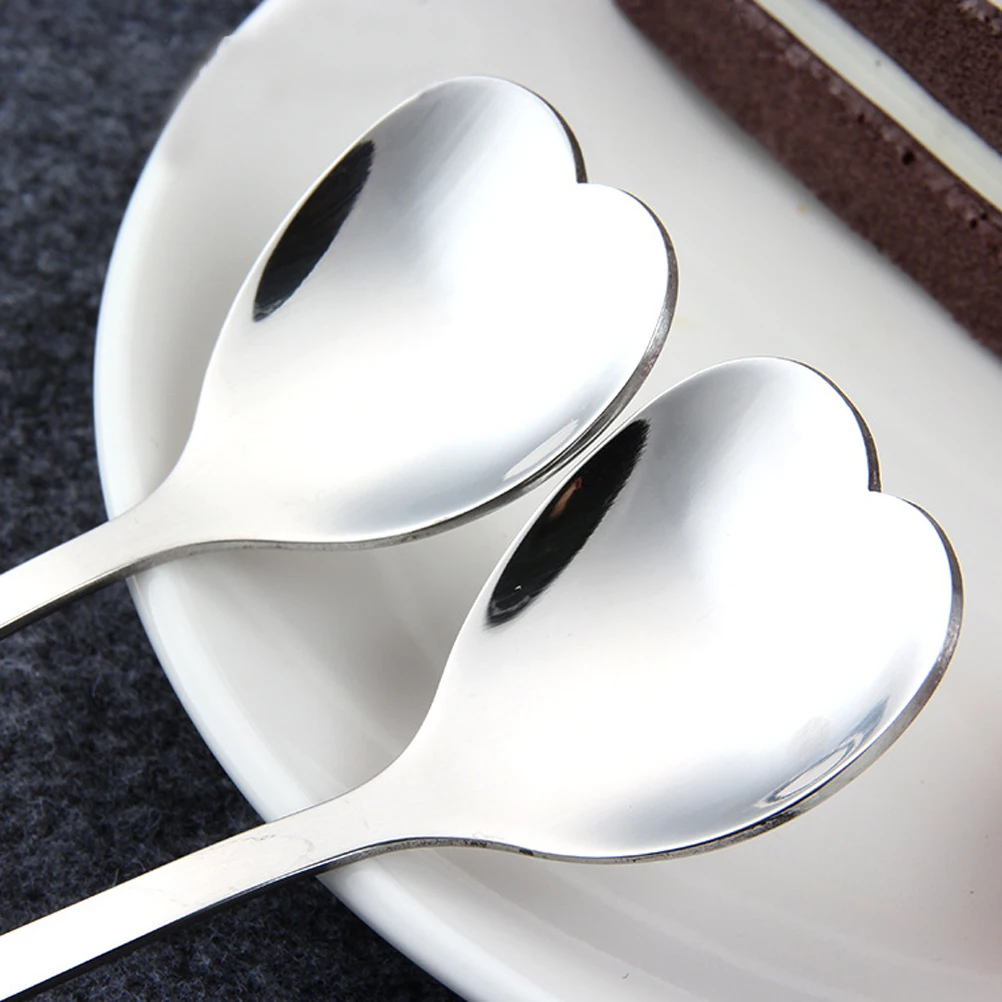 

6pcs Heart Shaped Stainless Steel Spoons Coffee Dessert Ice Cream Teacup Spoon Long Handle Restaurant Use Muffins