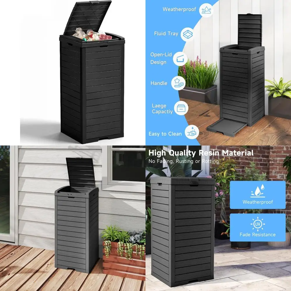 

38-Gallon Dual-Lid Waterproof Outdoor Trash Bin with Pull-Out Drawer for Deck, Patio, and Kitchen (Deep Black)