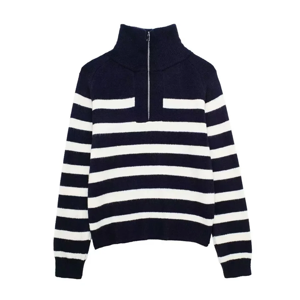 European And American Style 2024 Spring Women\'s Clothing New Fashion Casual Long Sleeved High Necked Striped Knitted Sweater