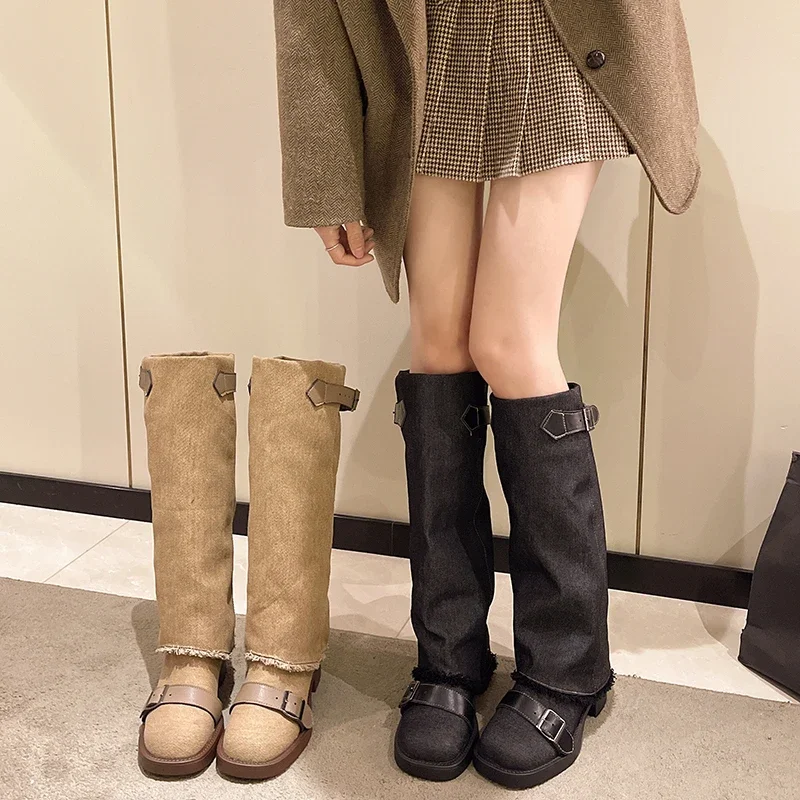 

Knee-high Boots for Women Round Square Toe Square Heel Boots Outdoor Solid Concise Buckle Shape Modern Boots Street Style Winter