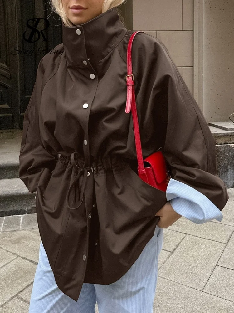 Autumn Turtleneck Streetwear Jackets Drawstring Long Sleeves Button Loose Outwear New American Fashion Chic Women Coat
