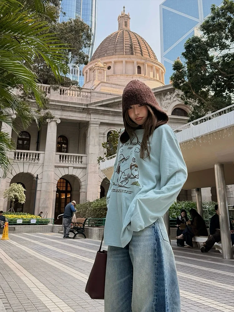 

MSKIN6 Spring Summer Long Sve Snug Print T-irt Women Loose Slim Letter Floing Sun Protection Cotton Casual Top