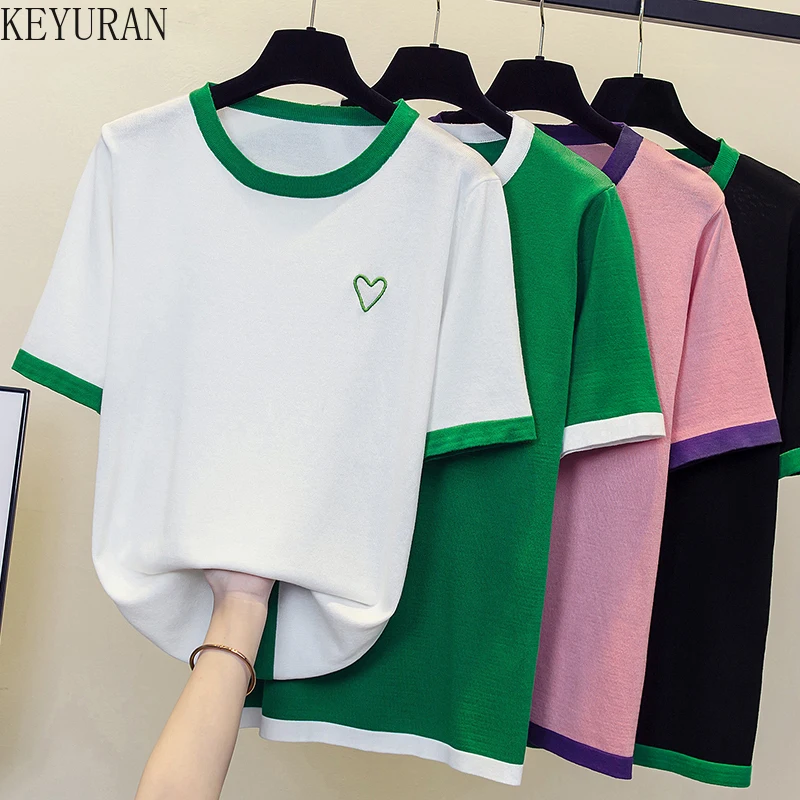 

Oversize Summer Knitted T Shirts for Women Patchwork O Neck Short Sleeve Clothing Casual Tops Tee Women T-shirt Camisas Mujer