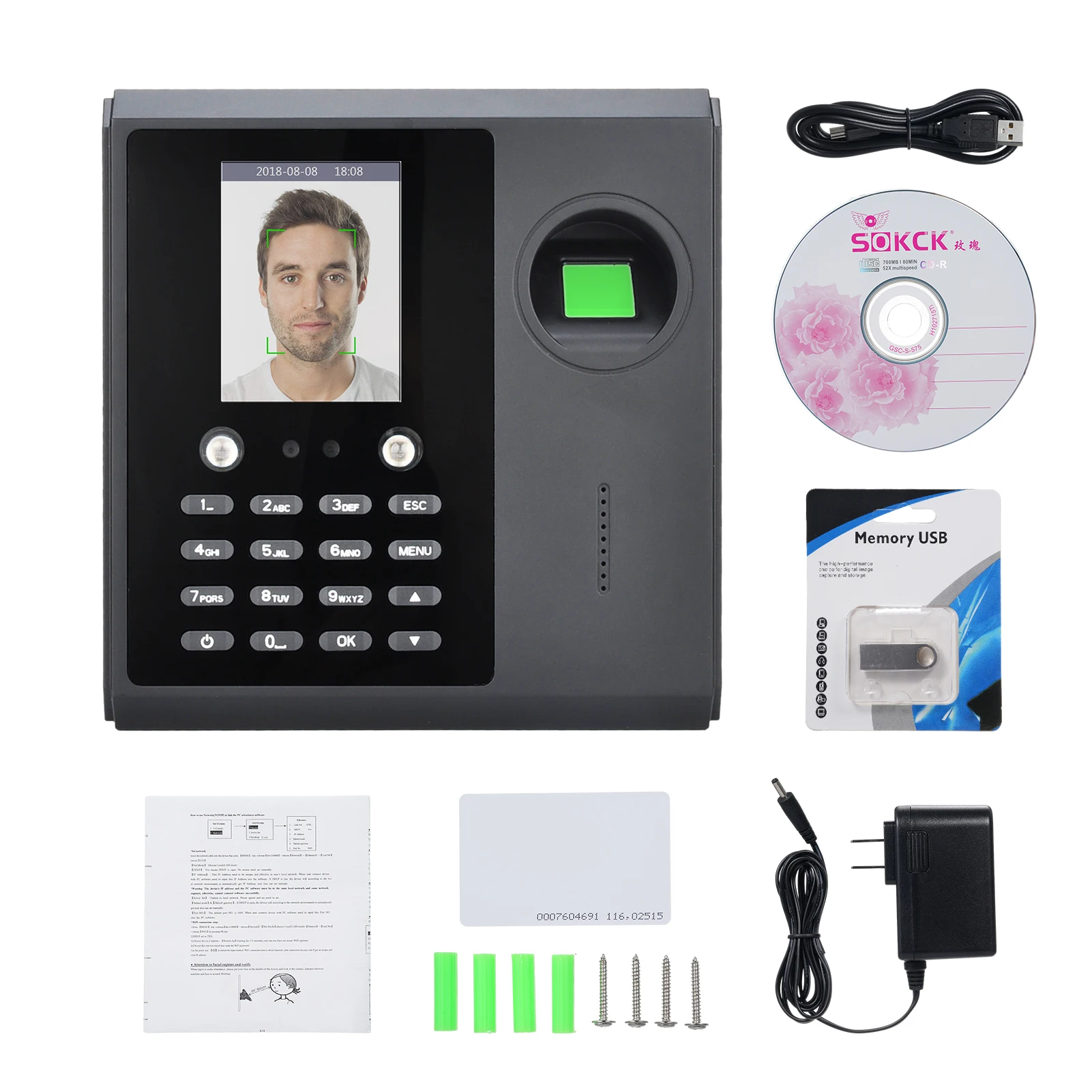 Biometric Time Clock Attendance Machine for Employees 5 Languages System Support TCP/IP WIFI Network USB Port Data for Office