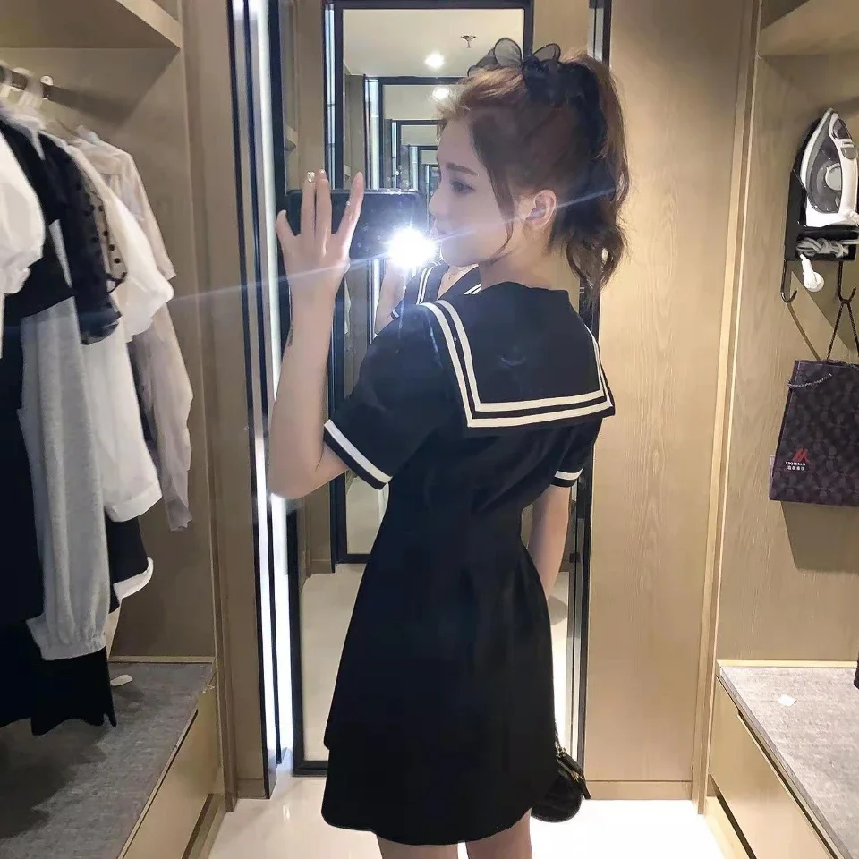 Korean Version of The Navy Collar White Mini Dress Women\'s Summer Preppy Retro Japanese Style Single-breasted Waist Shirt Skirt