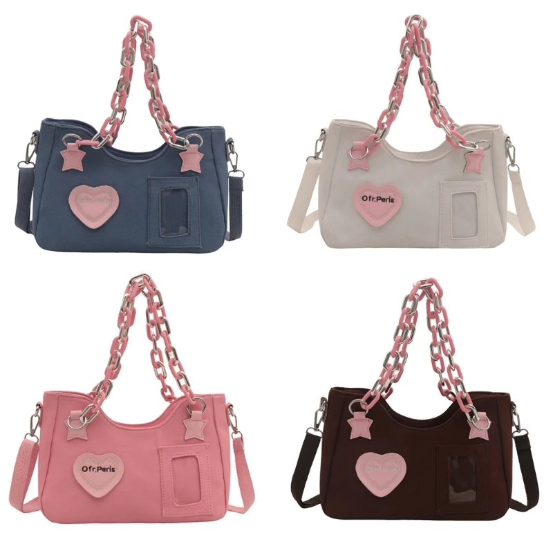 Unique Heart Canvas Shoulder Bag With Chain Strap Elegant Crossbody Bags Underarm Handbag For Daily Use And Travel