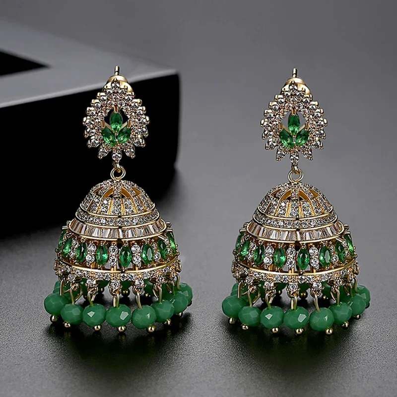 Vintage Bell Beads Crystal Zircon Tassel Drop Dangle Earrings Fashion Indian Dubai Bollywood Jhumka Jhumki Gold Plated Jewelry